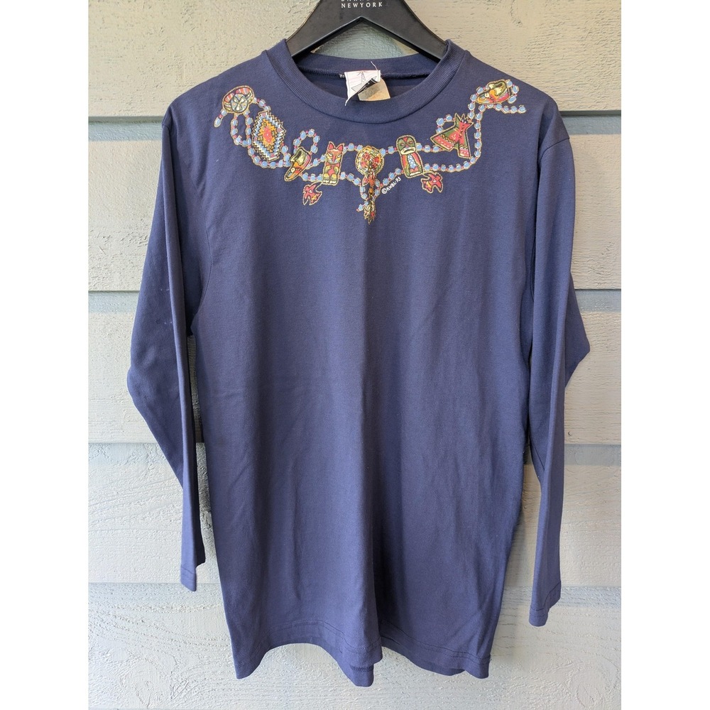 Vintage K.W.B.L. Shirt Womens Medium Blue Totem Tribal Graphic 90s Rare Tag